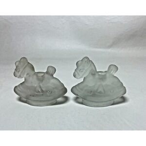 Set of 2 Vintage Rocking Horse‎ Frosted Glass Candle Holders 3"x2" Nursery Small